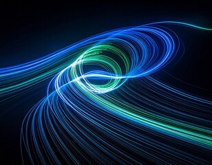 Abstract swirling blue and green light trails curving around central vortex on dark background, evoking motion, energy flow, data transmission, and theoretical physics with vibrant luminous contrast.