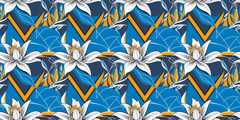 Detailed seamless floral pattern, stylized roses, abstract lilies, geometric leaves, modern coral, mustard, charcoal, creative for greeting cards