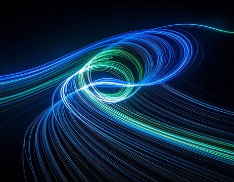 Abstract swirling blue and green light trails curving around central vortex on dark background, evoking motion, energy flow, data transmission, and theoretical physics with vibrant luminous contrast. - Powered by Adobe