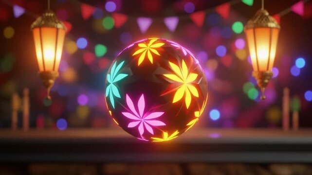 Glowing Sphere with Colorful Leaf Patterns Floating Against Festive Background with Lanterns and Lights