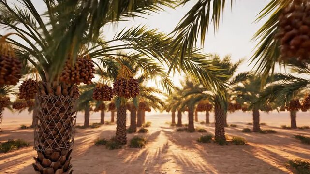 Date Palm Plantation with Ripe Fruit in Sunlight