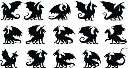 A collection of powerful black dragon silhouettes, illustrating fifteen unique mythical winged beast poses, perfect vector elements for fantasy, gaming, medieval,