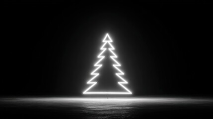 Modern Christmas tree made of white neon lights in a dark room, clean and minimal, high-contrast