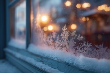 A frosted window with delicate snow patterns and a warmly lit interior scene beyond, soft focus, high detail
