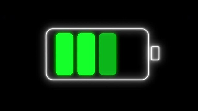 Neon Glowing Battery Icon Showing Three-Quarters Full Charge on Black Background, Representing Power Level, Digital UI Status, and Technology Concept