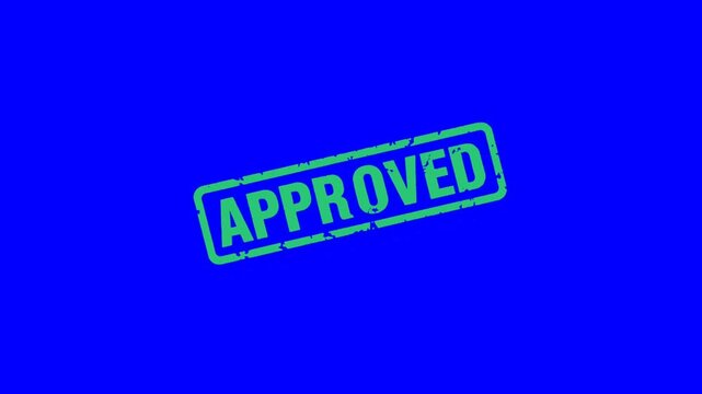 Approved red and green grunge stamp animation isolated on green and blue background.