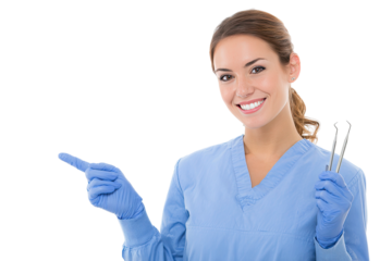 Female dentist in scrubs holding dental tools and pointing left isolated on transparent background