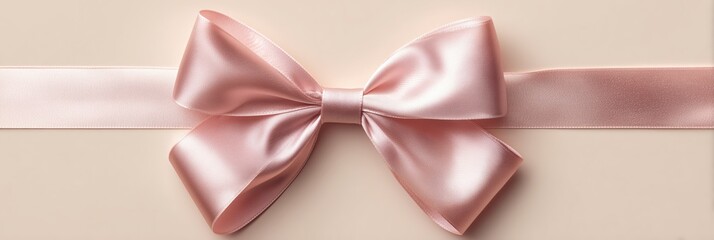 Top view of pink satin ribbon with bow flat lay banner background