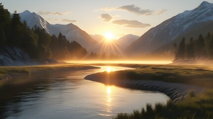 Majestic sunrise over winding river valley with snowcapped mountains and mist