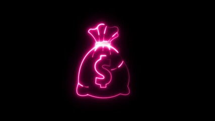 Neon glowing money bag icon animation in black financial fund glowing gold icon.