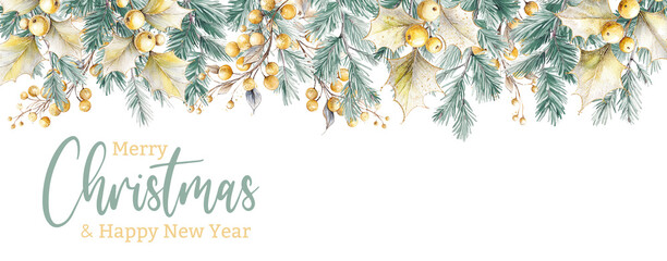 Christmas nature design border with green fir branches and gold holly with berries, watercolor illustration. Greeting banner template. Winter holidays forest