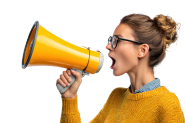Young woman shouting into a yellow megaphone to announce something important isolated on transparent background
