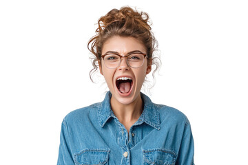 Young woman with eyeglasses screaming loudly expressing frustration or anger isolated on transparent background