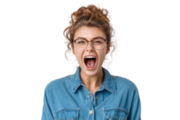Young woman with eyeglasses screaming loudly expressing frustration or anger isolated on transparent background
