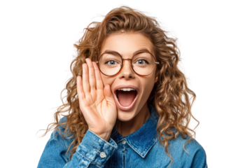 Young woman with curly hair and glasses shouting with mouth wide open isolated on transparent background