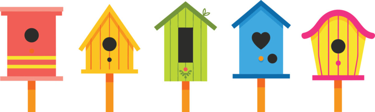 Colorful birdhouse illustration set featuring various decorative wooden houses on posts