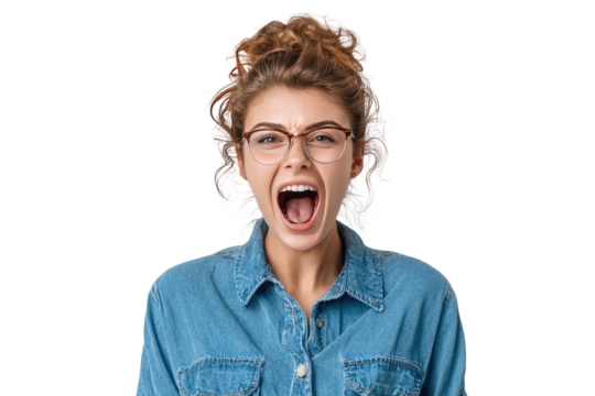 Young woman with eyeglasses screaming loudly expressing frustration or anger isolated on transparent background - Powered by Adobe