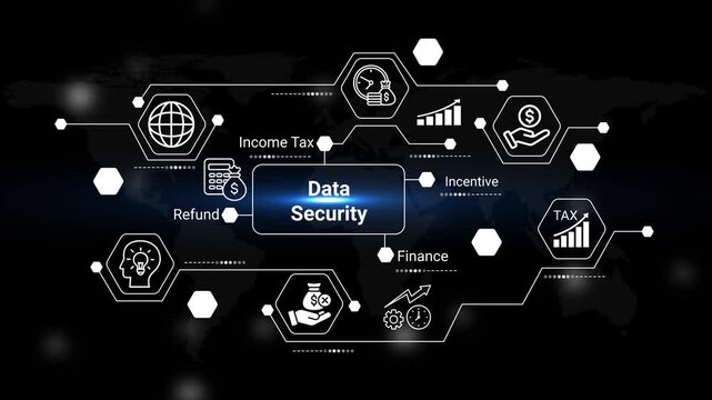 the image depicts a network of interconnected hexagonal shapes representing financial concepts like income tax data security refund and finance with a global backdrop high quality