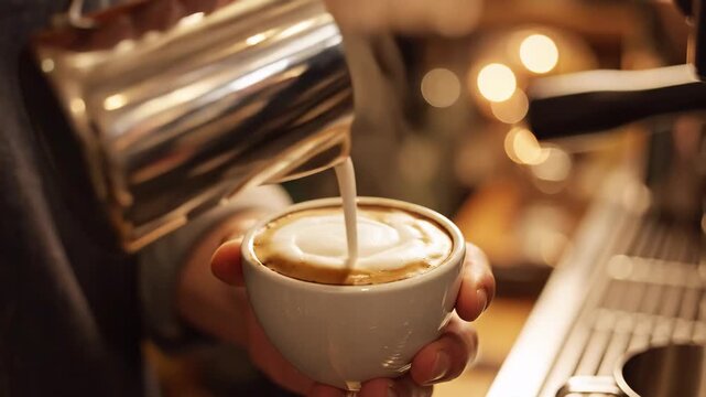 コーヒーカップにミルクを注ぐシーン（カフェ・喫茶店・バリスタ）