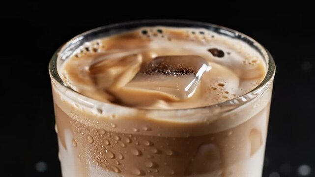 Dramatic high contrast close-up shot of a large ice cube splashing into the cold coconut latte macchiato causing ripples on the brown liquid surface cube, motion, large
