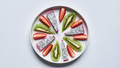 A vibrant, circular arrangement of fresh, sliced fruits, including kiwi, strawberries, and dragon fruit, presented on a white plate
