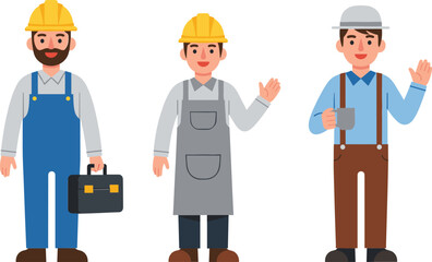 Construction and craftsman character illustration set featuring workers in uniforms with tools, perfect for labor themes, job concepts, and industry designs