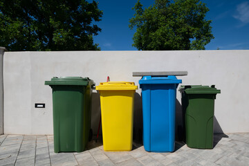  Four colorful recycling bins (green, yellow, blue) neatly lined against a white wall under a blue sky, symbolizing waste separation and environmental sustainability