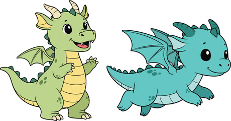 Naklejka premium Cute baby dragon characters in playful cartoon style featuring colorful fantasy creatures perfect for children’s illustrations, stickers, and creative designs