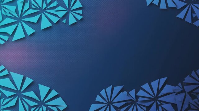 Abstract geometric floral patterns on dark blue background with light blue accents