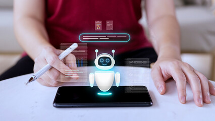 Hand Interacting with AI Robot Chatbot Hologram Interface Floating Over Smartphone Screen, Symbolizing Mobile Technology, Virtual Assistance, and Future of Customer Service