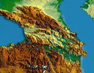 Topographical rendering of a landmass with coastal areas, featuring mountains and bodies of water