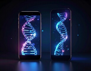 Smartphone screen showing glowing digital DNA helix in blue and purple, surrounded by particles and concentric light rings, symbolizing biotech, mobile health, and futuristic genetic technology.