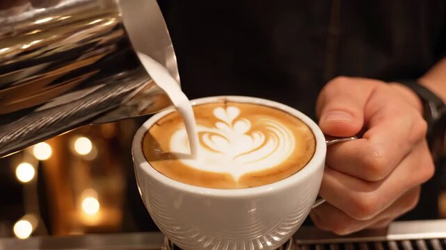 カフェでラテアートを提供するバリスタの手元（喫茶店・接客・コーヒー）
