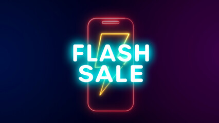 Vibrant Neon "Flash Sale" Sign with Lightning Bolt Symbol, a Digital Marketing Concept for Limited Time Discount and E-commerce Promotion
