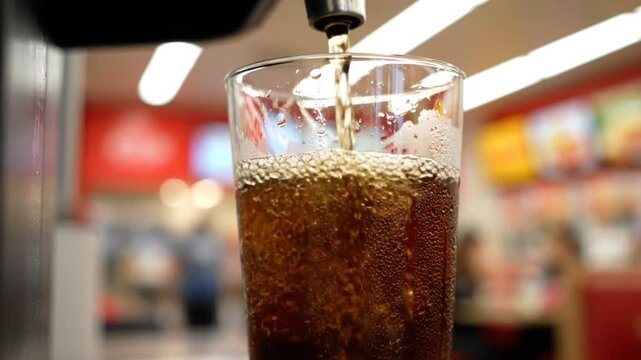 Close-up of a carbonated soft drink being poured into a glass, creating bubbles in a restaurant