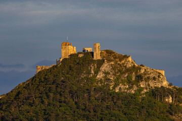 Staatz Castle Ruins on a hill at sunset