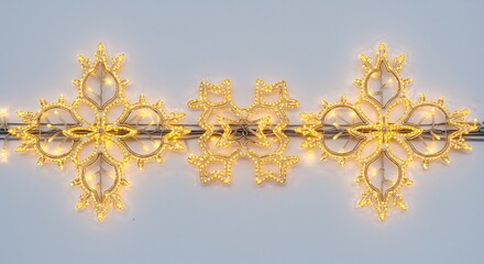 煌めく金色の装飾が柔らかな光を放ち美しい雪の結晶のようなデザインで祝祭の気分を盛り上げる. AI Generated