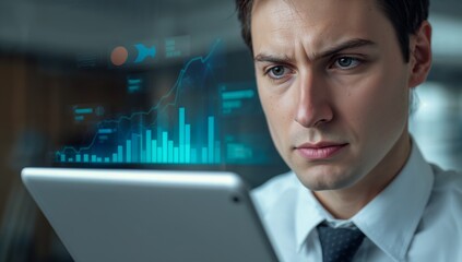 Businessman analyzing data on a digital tablet with graphical charts in a modern office environment