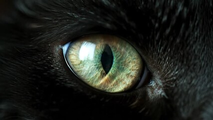 Mesmerizing close-up shot of a black cat's eye showcasing captivating green and amber irises and detailed fur