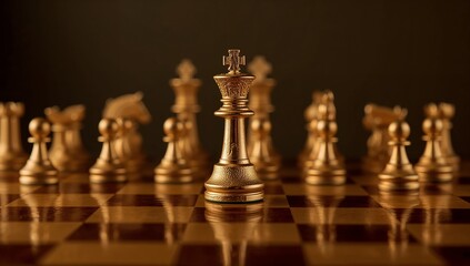 Golden chess pieces standing on a chessboard with the king piece prominently displayed in the foreground and others blurred in the background