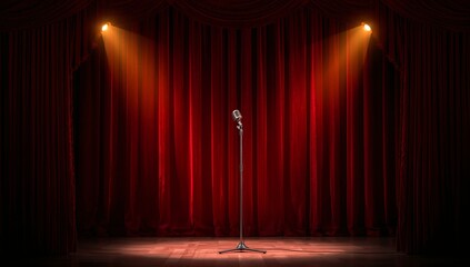 A microphone stands alone on a dark stage with red curtains and spotlights shining down