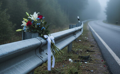 Bouquet attach&eacute; &agrave; une glissi&egrave;re de s&eacute;curit&eacute; marquant un m&eacute;morial routier sur une route sinueuse et humide