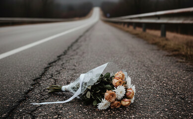 Bouquet de roses couleur p&ecirc;che et de chrysanth&egrave;mes pos&eacute; au bord d'une route rurale