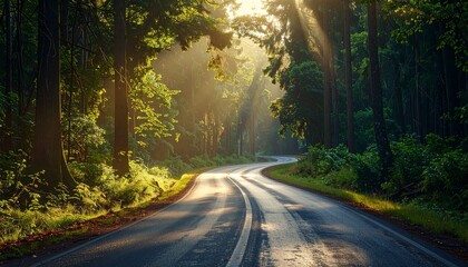 Fototapeta premium Sunlit winding road curves through dense forest, glowing with contrast between light and shadow.