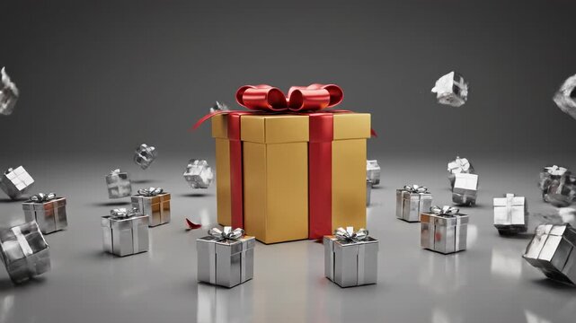 Dramatic high impact shot of a large golden gift box slamming down causing dozens of smaller silver boxes to scatter across a neutral gray void gift, explosion, achievement