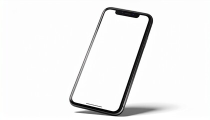 Modern smartphone with blank white screen stands upright, casting soft shadow on clean white surface.