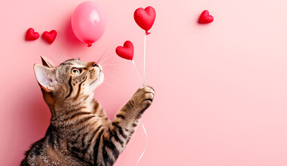 Curious kitten reaching for heart balloons