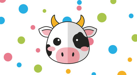 Cartoon cow face amidst floating colorful dots creating a whimsical backdrop illustration