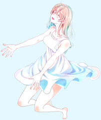 両手を広げる笑顔の女性　全身