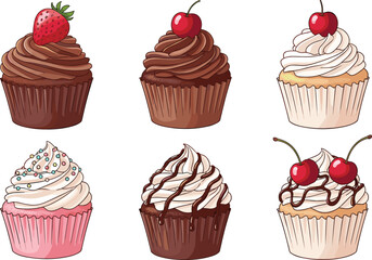 Delicious cupcake illustration set featuring chocolate and vanilla frosting, strawberries, cherries, sprinkles, and sweet dessert toppings for bakery, celebration, and food vector design projects.